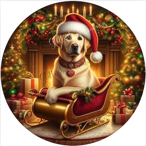 May include: A golden Labrador Retriever wearing a Santa hat and a festive collar, seated in a red and gold sleigh. The background features a fireplace, Christmas trees, and wrapped gifts, creating a holiday scene.
