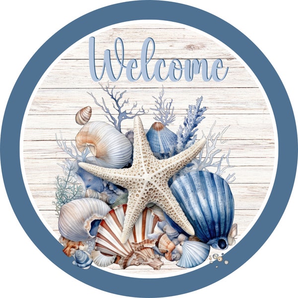 Round Coastal Sign, Starfish and shells, Beach decor, door hanger, wall decor, wreath sign, summer decor, spring sign, sea/ocean attachment