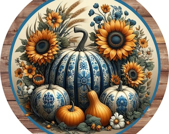 Rustic Round Fall metal Sign with Sunflowers and Large Delftware Pattern Pumpkin  door hanger, wall decor and art, wreath sign, fall sign