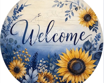 Blue Sunflower Welcome Sign, Turquoise Sunflower Door Hanger, Floral Wreath Plaque, Metal Sign for Wreaths, Rustic Farmhouse Decor