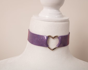 Purple Sparkle Heart Choker for Valentines Day gift, Latex Collar as Discreet Day Collar, Pastel Goth Jewelry, Kittenplay Collar
