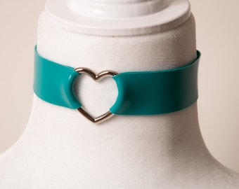 Turquoise Latex Heart Choker for Valentines Day gift, Latex Collar as Discreet Day Collar, Pastel Goth Jewelry, Kittenplay Collar for Women