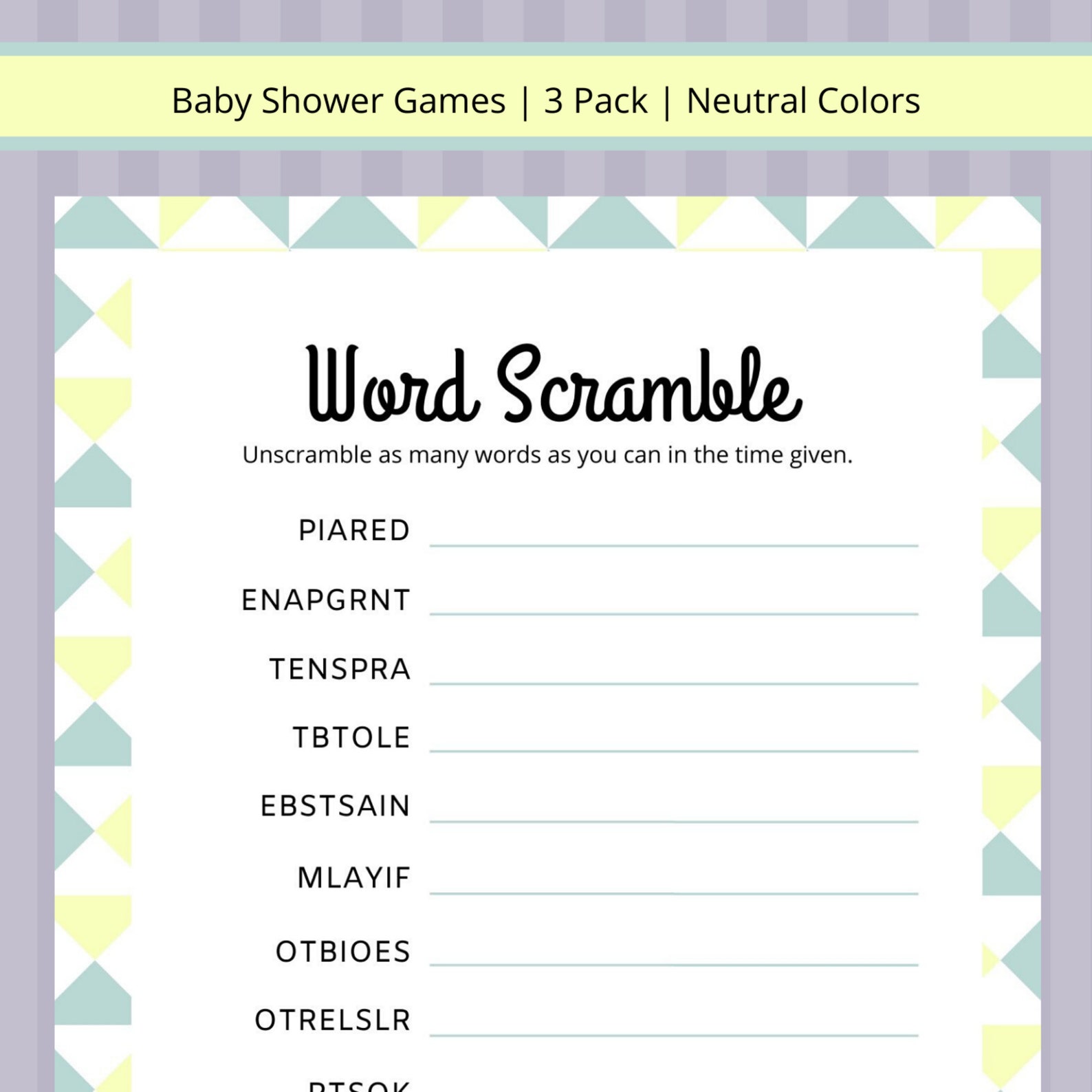 Baby Shower Printable Games 3 Pack Neutral Colors green - Etsy