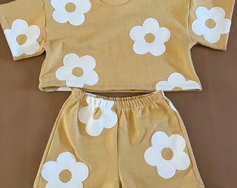 Daisy Matching Set Appliqué Daisy Kids Outfit Retro Daisy Children’s Outfit