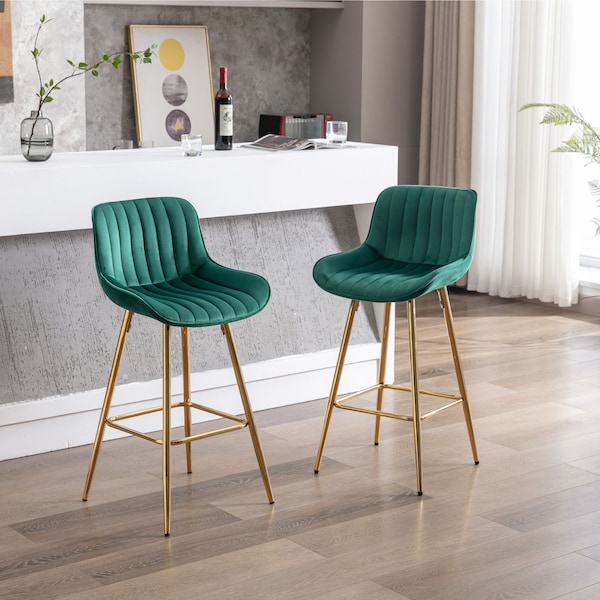 Mid Century 26 Inch Bar Counter Height Stools, Green Velvet Fabric with Modern Chrome Foot Rest Gold Legs, Set of 2