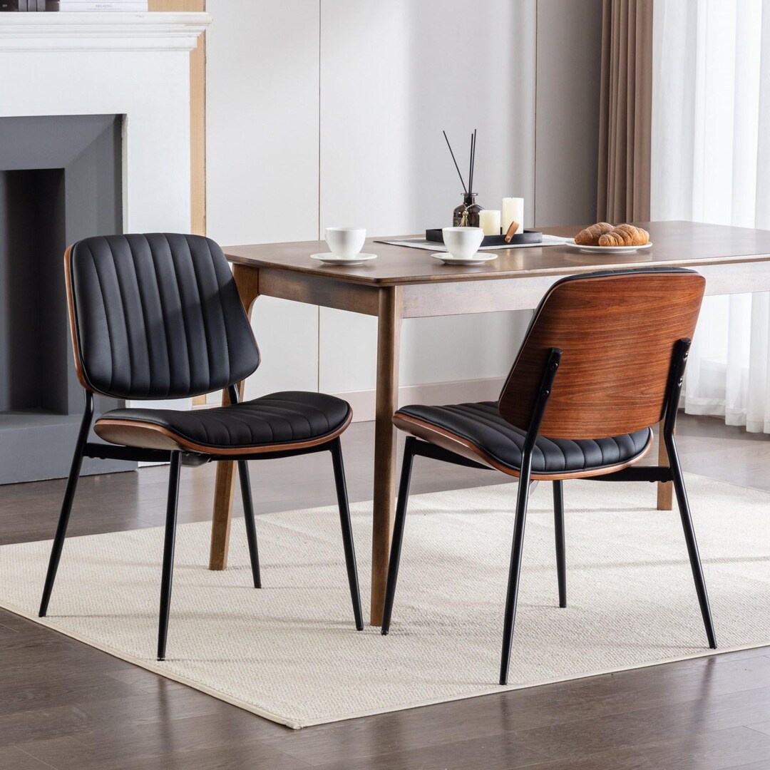 Mid Century Modern Retro Faux Leather Dining Chairs With Walnut ...
