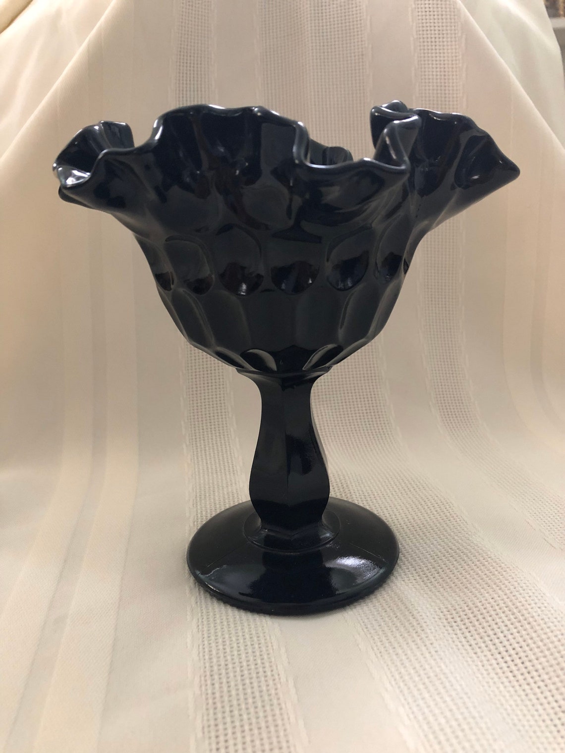 Fenton Black Glass Candy Dish Thumbprint Footed Bowl Wavy Etsy