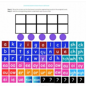Puede incluir: Hoja de trabajo educativa para segmentar sonidos en palabras. La hoja de trabajo incluye casillas, círculos morados y letras de varios colores. El texto dice: "Mueve los círculos a las casillas para practicar la segmentación de sonidos."