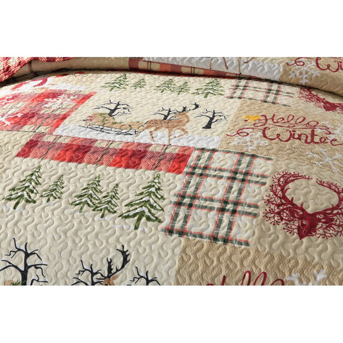 3 Piece Christmas Quilt Bedding Set Deer Reversible Quilt Etsy