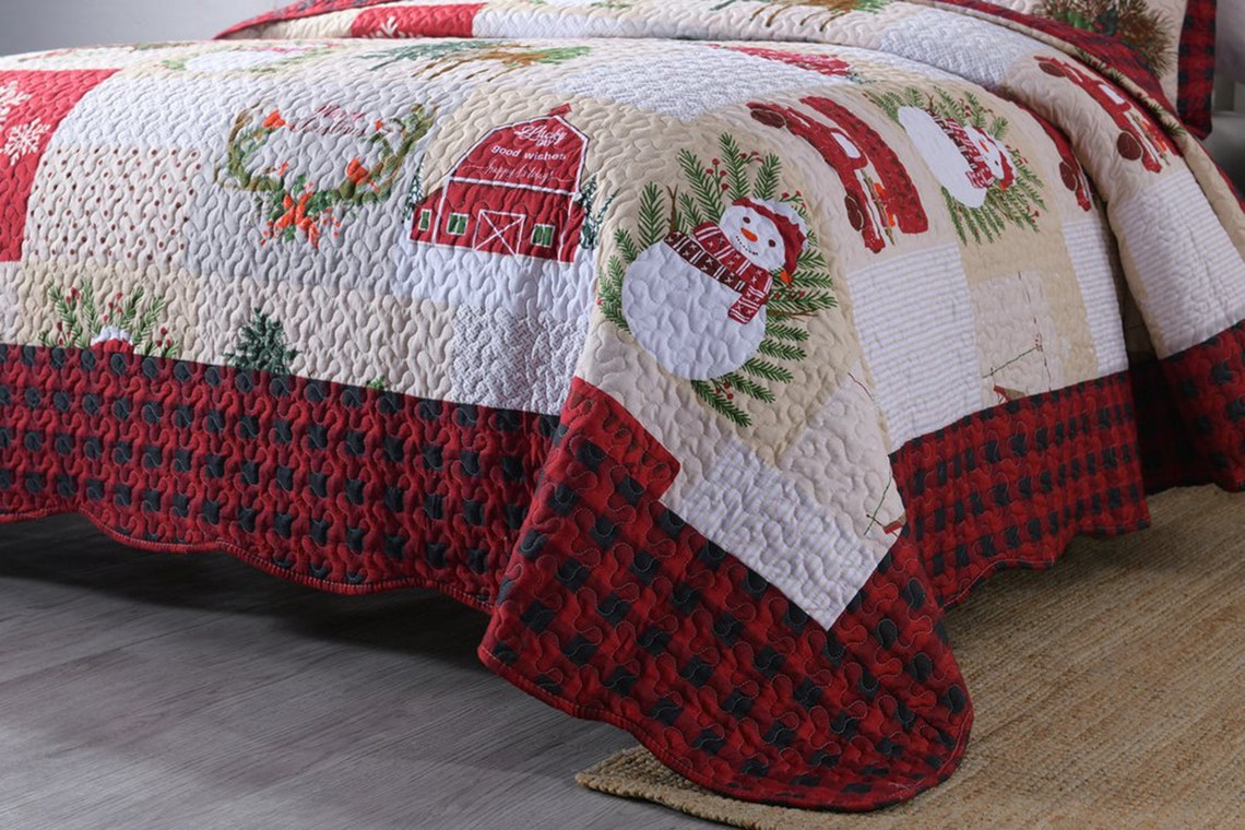 3 Piece Christmas Quilt Bedspread Set Snowman Reversible Quilt Etsy