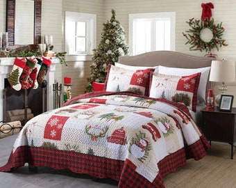 3 Piece Christmas Quilt Bedspread Set  Snowman Reversible Quilt Set Craft Coverlet Set