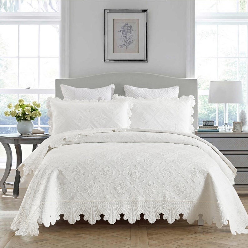 King 3 Piece 100% Cotton Oversized Bedspread Set Craft Coverlet Set TK