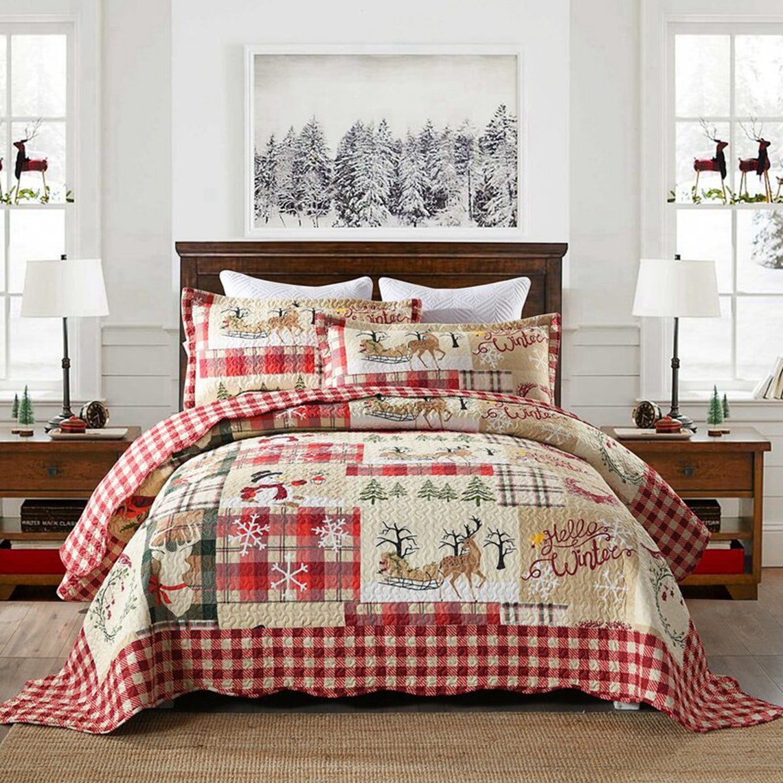 3 Piece Christmas Quilt Bedding Set Deer Reversible Quilt Etsy