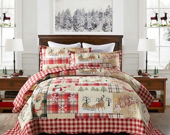 3 Piece Christmas Quilt Bedding Set Deer Reversible Quilt Bedspread Set Craft Coverlet Set