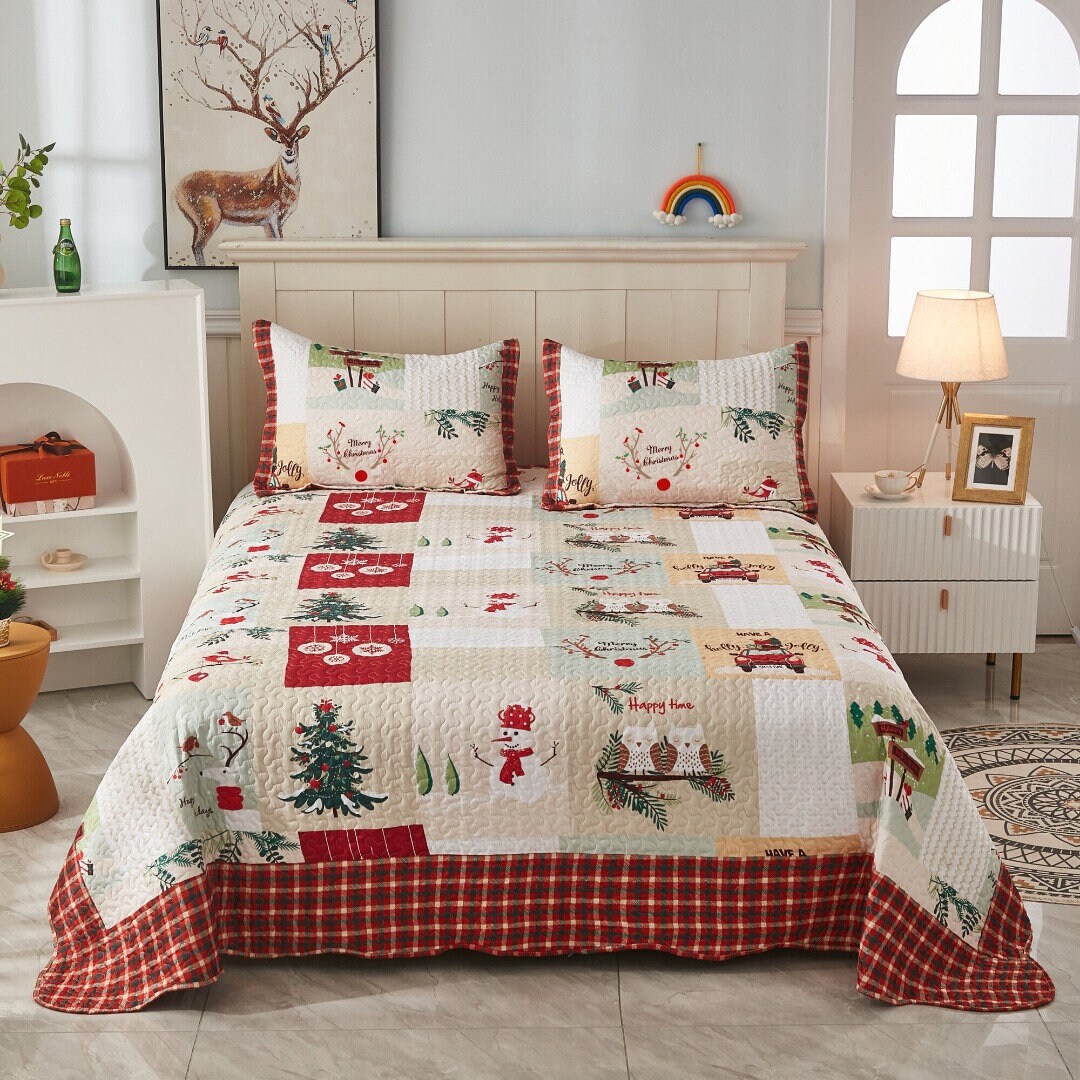 3 Piece Christmas Quilt Set Bedspread Set Holiday Quilt Set Etsy