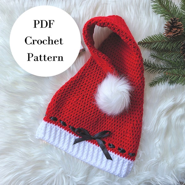 Crochet Santa Hat Pattern, Crochet Stocking Cap,  Crochet Christmas Hat, Crochet Holiday Hat, Crochet Elf Hat