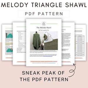 This image shows a sneak peak of this crochet triangle shawl pattern. In the image are 5 pages, showing the cover page and a preview of 4 other pages so you can get a clear idea of what you're purchasing.