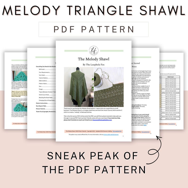 This image shows a sneak peak of this crochet triangle shawl pattern. In the image are 5 pages, showing the cover page and a preview of 4 other pages so you can get a clear idea of what you're purchasing.
