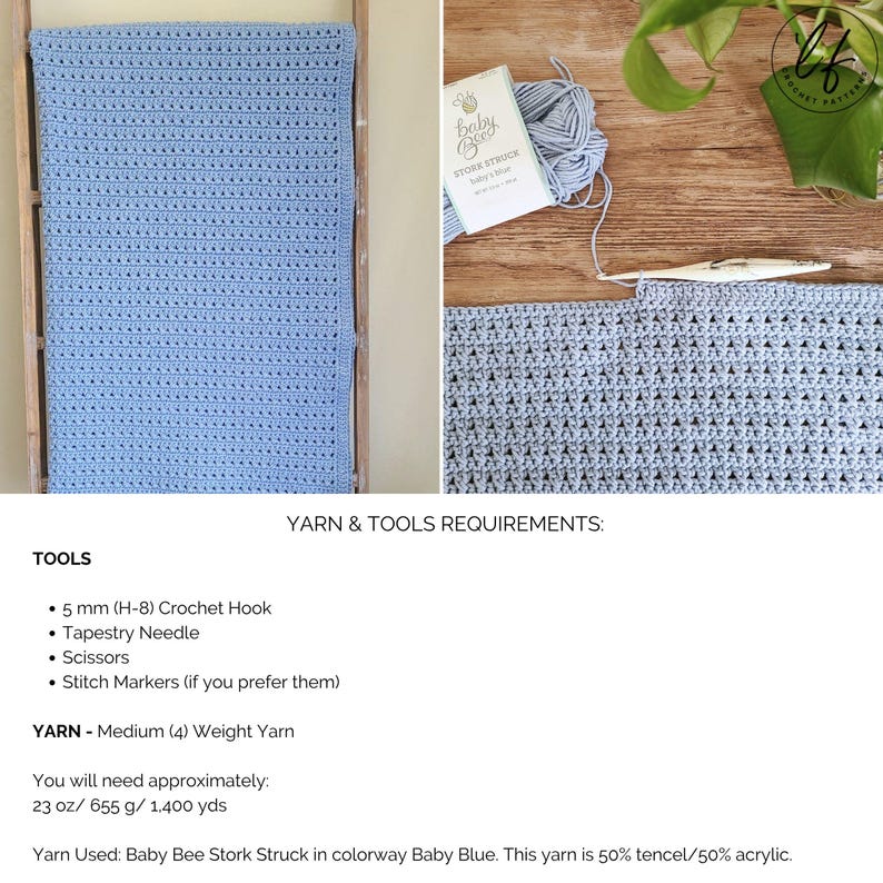 This image has important information such as the yarn and tool requirements for this crochet baby blanket pattern, as well as two pictures of the blanket.