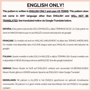 This image informs you that this crochet scarf pattern is available ONLY in English and WILL NOT BE TRANSLATED to any other language.
