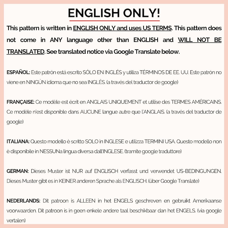 This image informs you that this crochet scarf pattern is available ONLY in English and WILL NOT BE TRANSLATED to any other language.