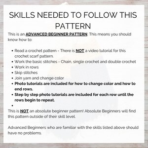 This image lists the skills you need to follow this crochet color block scarf pattern.