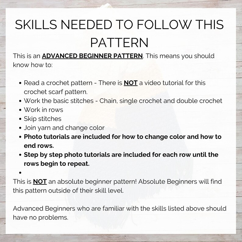 This image lists the skills you need to follow this crochet color block scarf pattern.