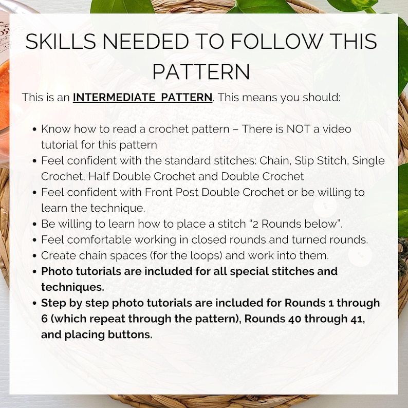 This image describes the skills you will need to follow this crochet kindle case pattern.