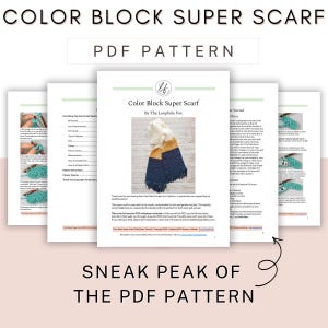 This image shows a sneak peak of this easy crochet scarf pattern. In the image are 5 pages, showing the cover page and a preview of 4 other pages so you can get a clear idea of what you're purchasing.