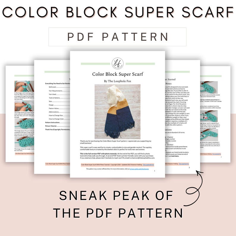 This image shows a sneak peak of this easy crochet scarf pattern. In the image are 5 pages, showing the cover page and a preview of 4 other pages so you can get a clear idea of what you're purchasing.