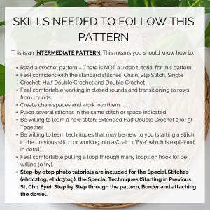 This image describes the skills you will need to follow this crochet hanging basket pattern.