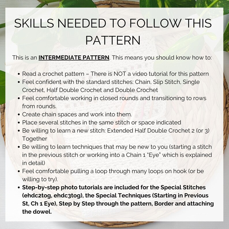 This image describes the skills you will need to follow this crochet hanging basket pattern.