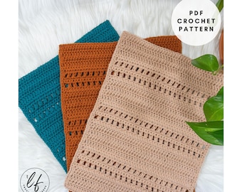May include: Three crocheted rectangular patterns in teal, rust, and beige. Each pattern features a unique openwork design. The image includes the text "PDF Crochet Pattern" and a logo with the initials "lf".