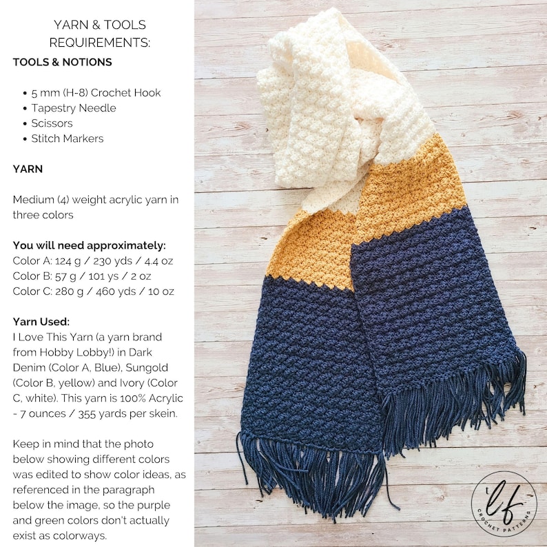 This image has a photo and text. On the right, there is an image of the sample made from this mens crochet scarf pattern. On the left, text lists the tools, yarn requirements and yarn used.