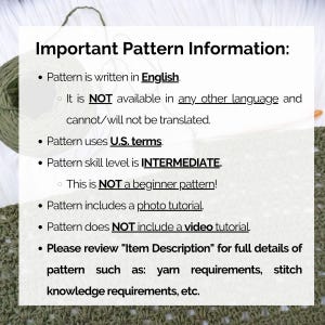 This image describes important information about this crochet triangle shawl pattern such as the language (UNITED STATES ENGLISH ONLY), the skill level, etc.