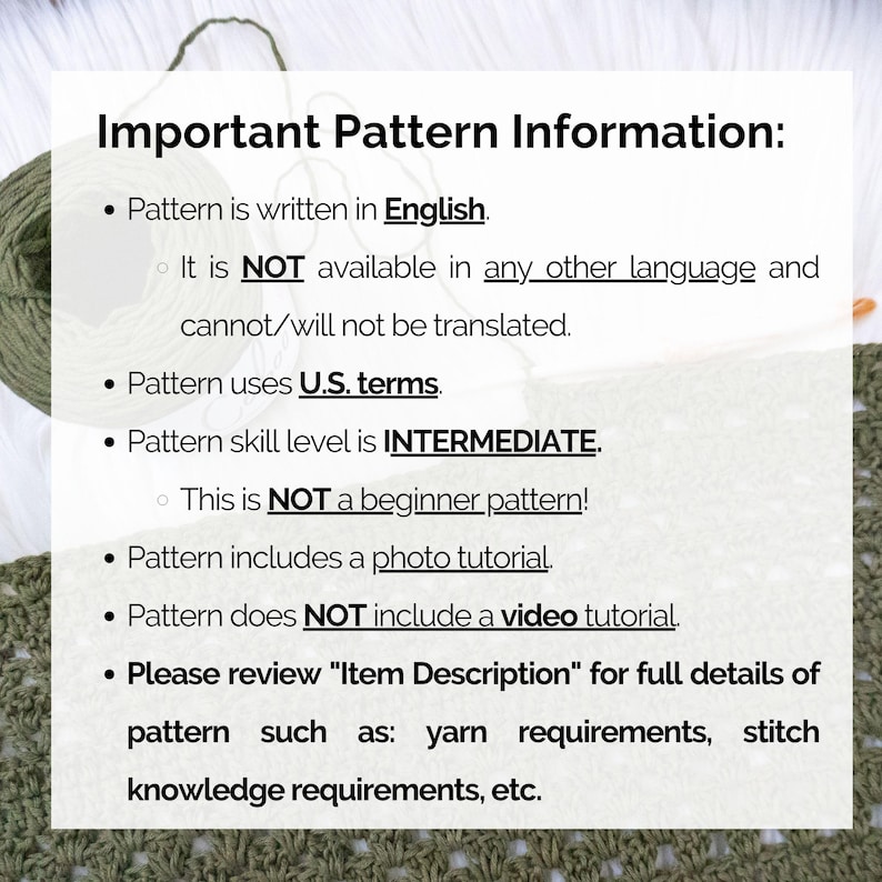 This image describes important information about this crochet triangle shawl pattern such as the language (UNITED STATES ENGLISH ONLY), the skill level, etc.