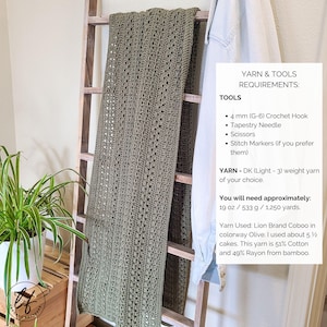 This image has important information such as the yarn and tool requirements for this crochet wrap pattern, as well as a of picture of the crochet rectangle wrap draped over a blanket ladder.