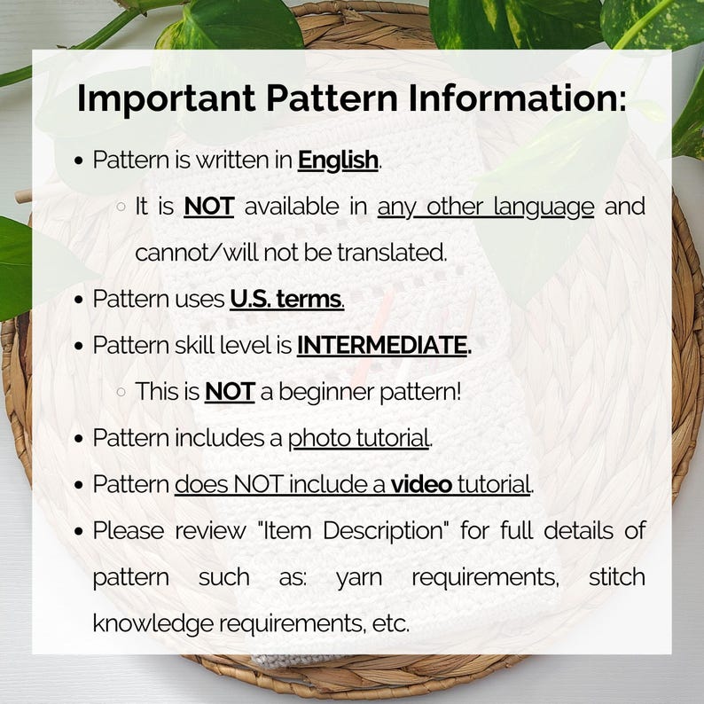 This image describes important information about this crochet hanging basket pattern such as the language (UNITED STATES ENGLISH ONLY), the skill level, etc.