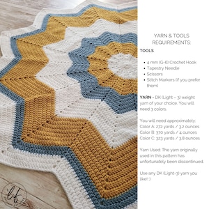 This image has important information such as the yarn and tool requirements for this crochet star blanket pattern, as well as a of picture of the baby blanket.