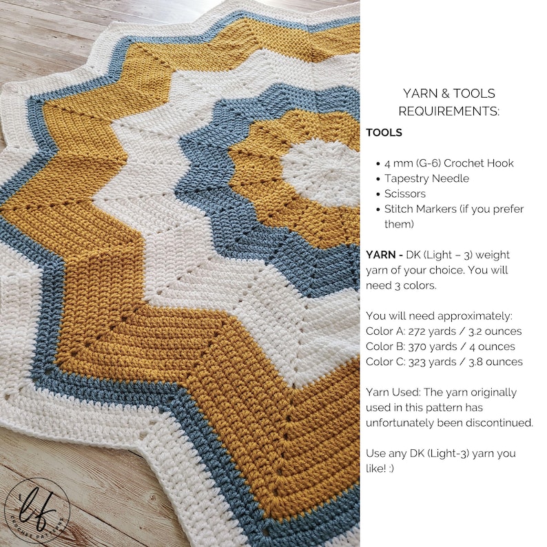 This image has important information such as the yarn and tool requirements for this crochet star blanket pattern, as well as a of picture of the baby blanket.