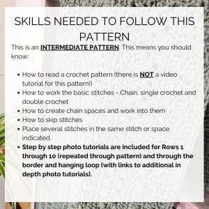 This image describes the skills you will need to follow this crochet rectangle shawl pattern.
