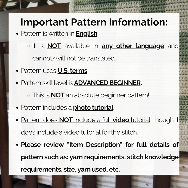 This image describes important information about this crochet gingham baby blanket pattern such as the language (UNITED STATES ENGLISH ONLY), the skill level, etc.