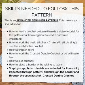 This image describes the skills you will need to follow this crochet baby blanket pattern.