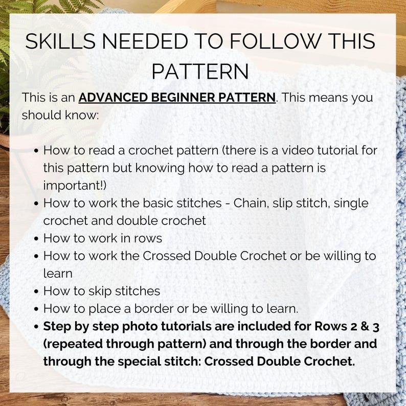 This image describes the skills you will need to follow this crochet baby blanket pattern.