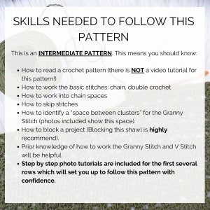 This image describes the skills you will need to follow this crochet triangle shawl pattern.