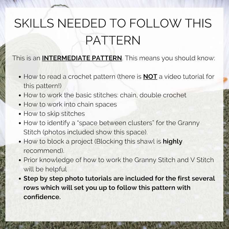 This image describes the skills you will need to follow this crochet triangle shawl pattern.