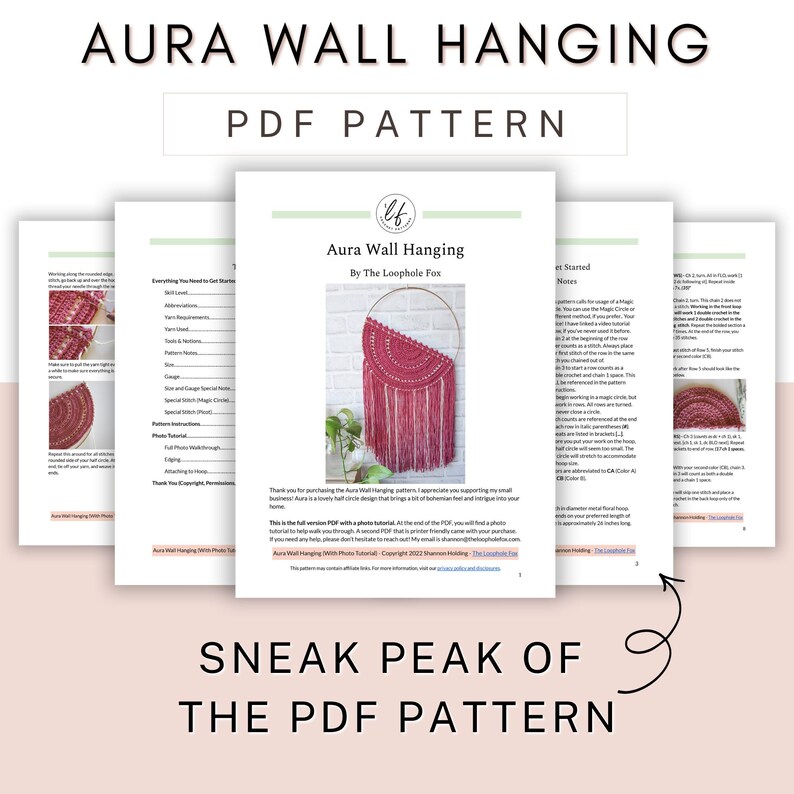 This image shows a sneak peak of this crochet wall hanging pattern. In the image are 5 pages, showing the cover page and a preview of 4 other pages so you can get a clear idea of what you're purchasing.