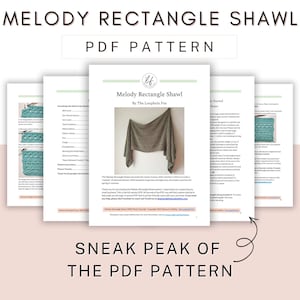 This image shows a sneak peak of this crochet rectangle shawl pattern. In the image are 5 pages, showing the cover page and a preview of 4 other pages so you can get a clear idea of what you're purchasing.