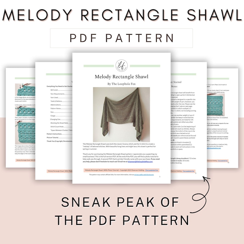 This image shows a sneak peak of this crochet rectangle shawl pattern. In the image are 5 pages, showing the cover page and a preview of 4 other pages so you can get a clear idea of what you're purchasing.