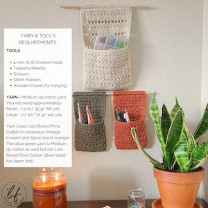 This image has important information such as the yarn and tool requirements for this crochet organizer pattern, as well as a of pictures of 3 crochet hanging baskets hanging on wooden dowels.
